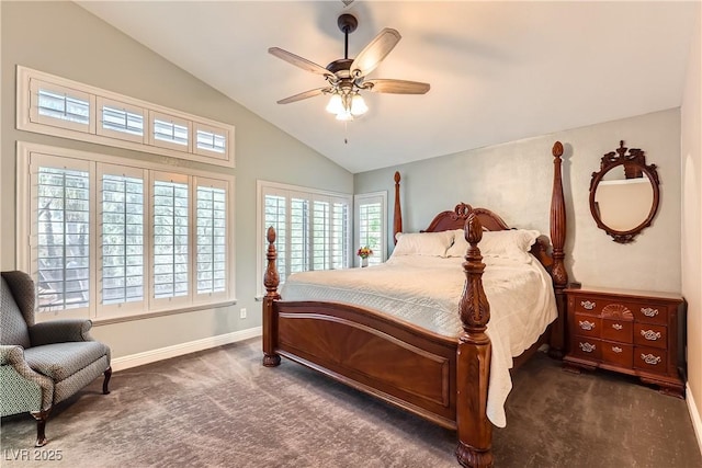 bedroom featuring carpet, ceiling fan, lofted ceiling, and baseboards