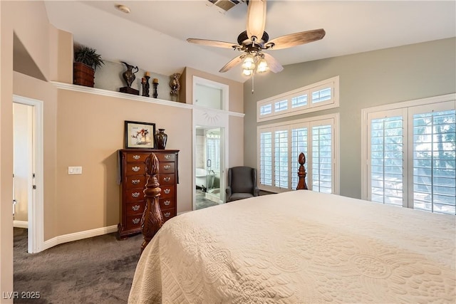 bedroom with baseboards, visible vents, access to outside, vaulted ceiling, and dark colored carpet