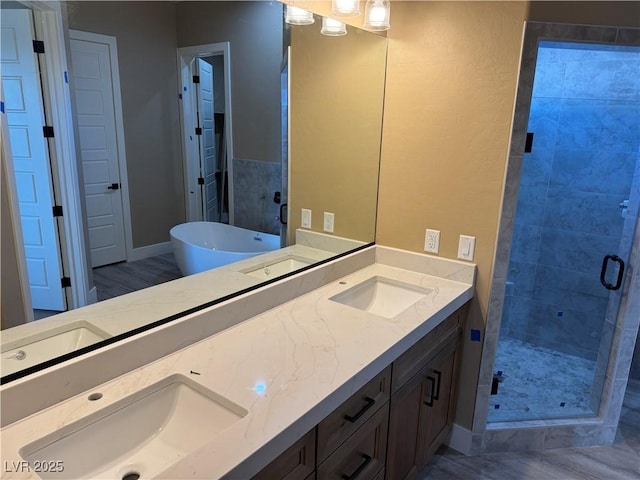 bathroom with double vanity, a soaking tub, a shower stall, and a sink