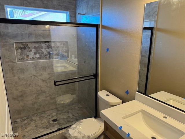 bathroom featuring toilet, a stall shower, and vanity