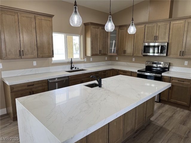 3080 S Prairie Ave, Pahrump, NV 89048 - kitchen featuring appliances with stainless steel finishes, a sink, and light wood finished floors