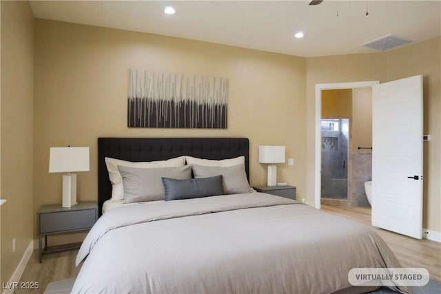 3080 S Prairie Ave, Pahrump, NV 89048 - bedroom with light wood-style floors, baseboards, recessed lighting, and a ceiling fan