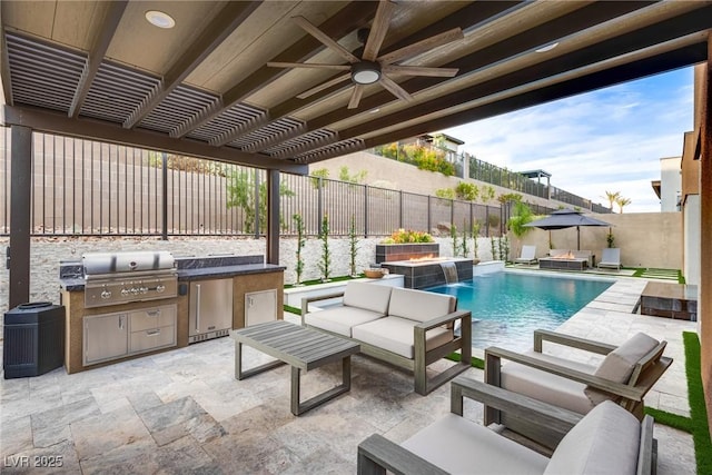 view of pool featuring a fenced backyard, a grill, a patio, and area for grilling