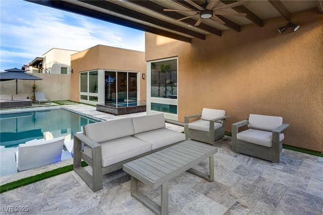 exterior space featuring ceiling fan, a jacuzzi, outdoor lounge area, and a fenced in pool