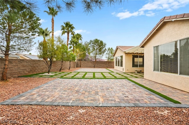 view of yard with a patio area and a fenced backyard