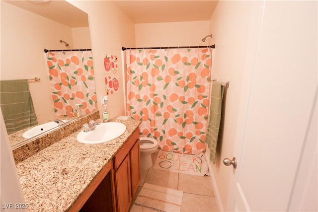 full bathroom with toilet, tile patterned floors, a shower with shower curtain, and vanity