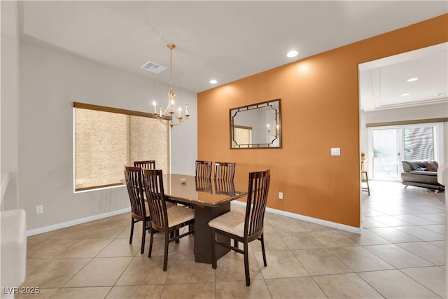 dining room featuring light tile patterned floors, recessed lighting, visible vents, baseboards, and an inviting chandelier