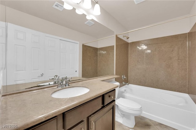 full bath with toilet, vanity, visible vents,  shower combination, and tile patterned floors