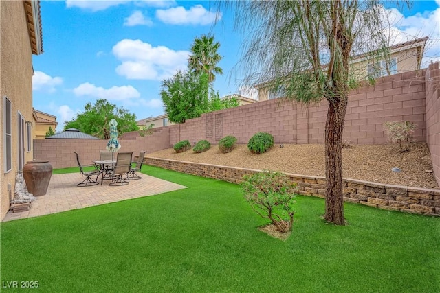 view of yard featuring a patio and a fenced backyard