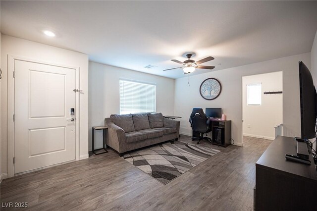 living room featuring ceiling fan, a wealth of natural light, and wood finished floors