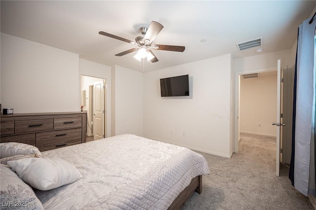 bedroom featuring light carpet, a ceiling fan, visible vents, and baseboards