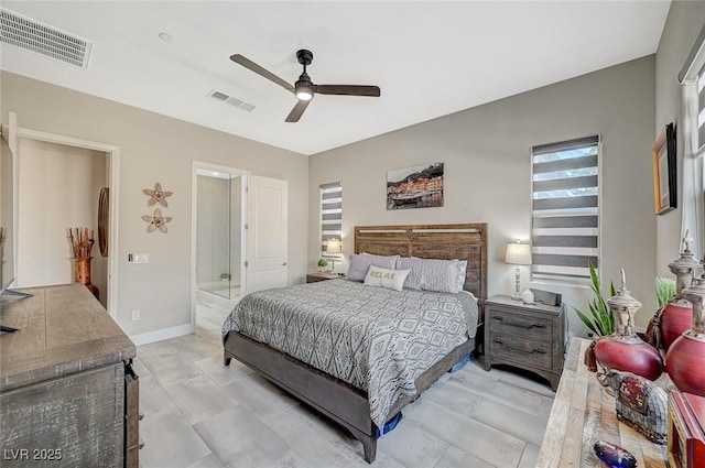 bedroom featuring connected bathroom, visible vents, ceiling fan, and baseboards