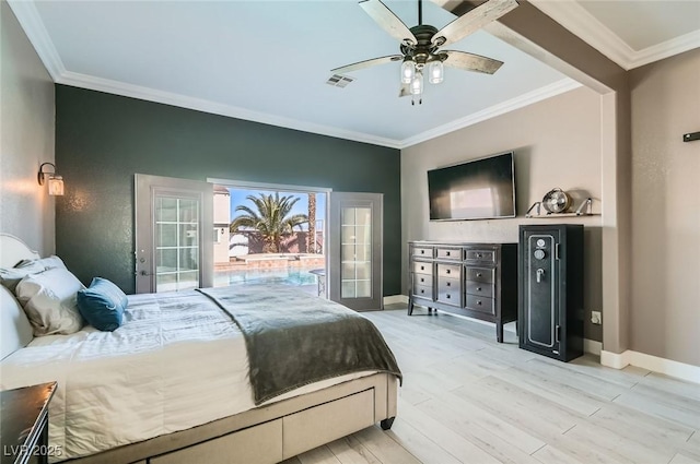 bedroom featuring visible vents, ornamental molding, light wood-style floors, access to outside, and baseboards