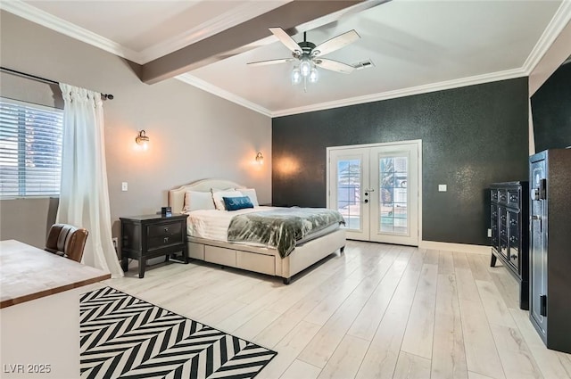 bedroom with visible vents, access to outside, french doors, light wood-type flooring, and crown molding