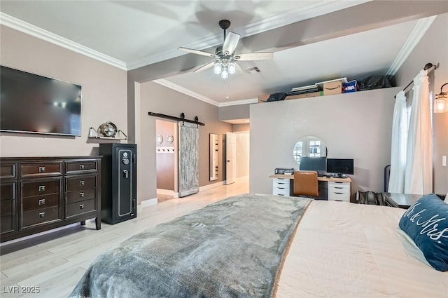 bedroom featuring ornamental molding, visible vents, ceiling fan, and a barn door