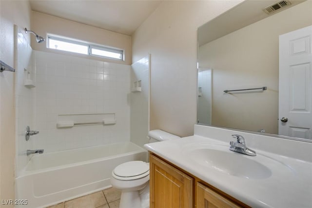 full bathroom with tile patterned flooring, toilet, vanity, visible vents, and shower / bathing tub combination