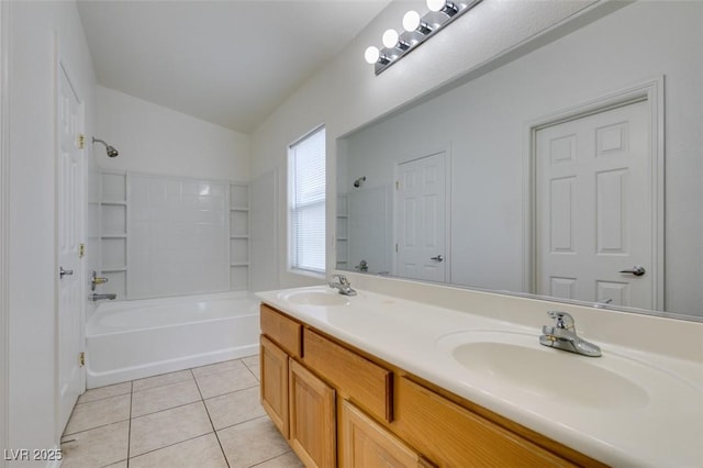 bathroom with lofted ceiling, tile patterned flooring, a sink, and shower / tub combination