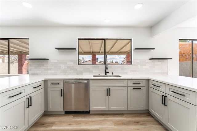 kitchen featuring a wealth of natural light, stainless steel dishwasher, and open shelves