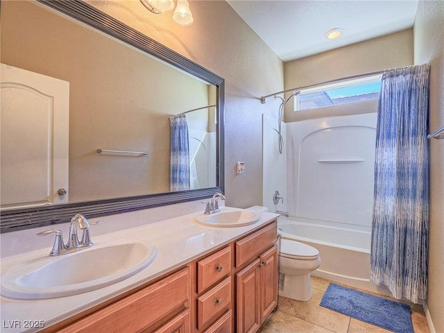 bathroom with shower / bath combo, a sink, toilet, and tile patterned floors