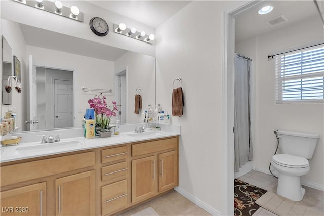 full bathroom with tile patterned flooring, visible vents, a sink, and toilet