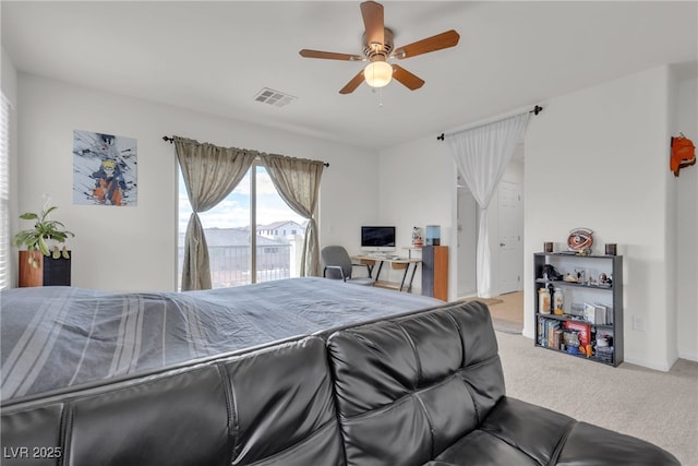 bedroom featuring baseboards, visible vents, a ceiling fan, access to outside, and carpet floors