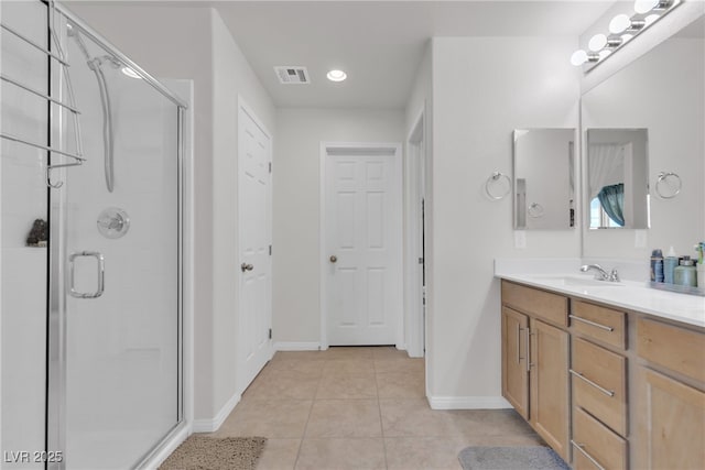 full bath featuring a stall shower, vanity, visible vents, and tile patterned floors