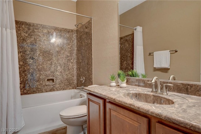 full bathroom with vanity, toilet, and shower / bath combo with shower curtain