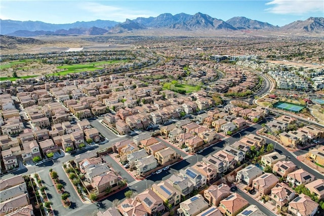 drone / aerial view featuring a mountain view and a residential view