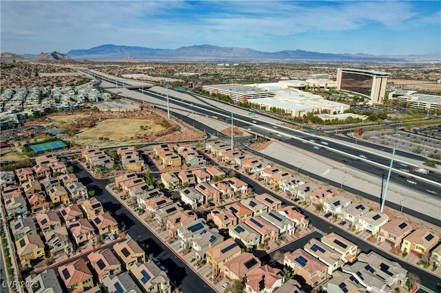 drone / aerial view featuring a mountain view and a residential view