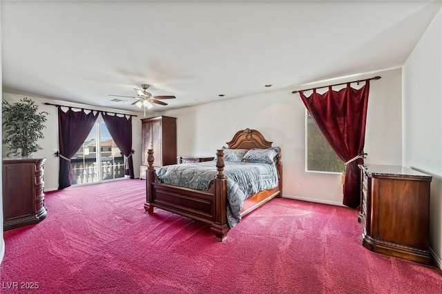 carpeted bedroom featuring baseboards, a ceiling fan, and access to outside