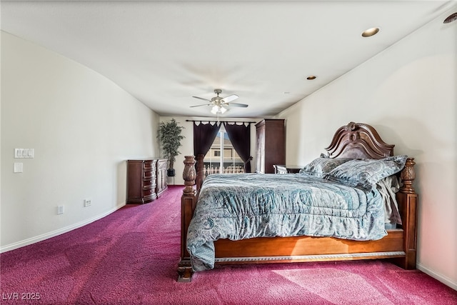 carpeted bedroom featuring baseboards and ceiling fan