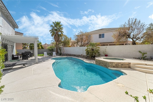 view of swimming pool with a patio, a fenced in pool, an in ground hot tub, a fenced backyard, and a pergola