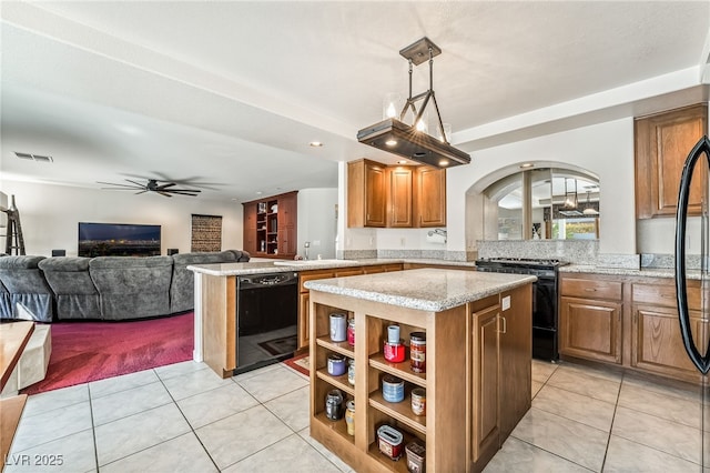 kitchen featuring visible vents, ceiling fan, open floor plan, light tile patterned floors, and black appliances