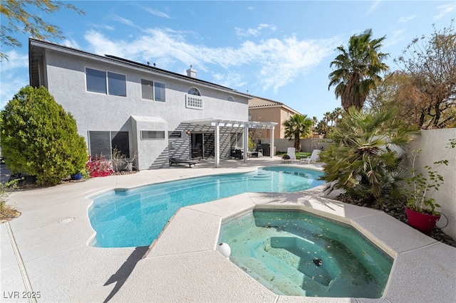 view of swimming pool featuring a fenced backyard, an in ground hot tub, a pergola, and a patio