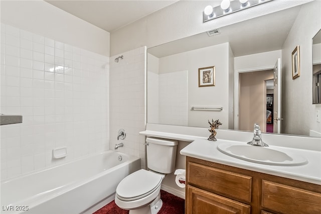 full bathroom with visible vents, toilet,  shower combination, and vanity