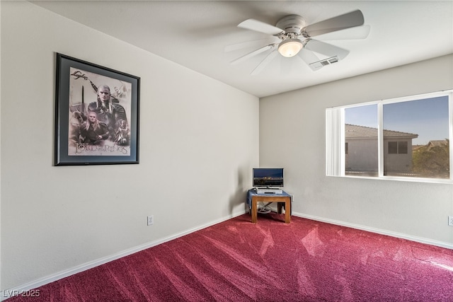 unfurnished room featuring visible vents, baseboards, a ceiling fan, and carpet floors