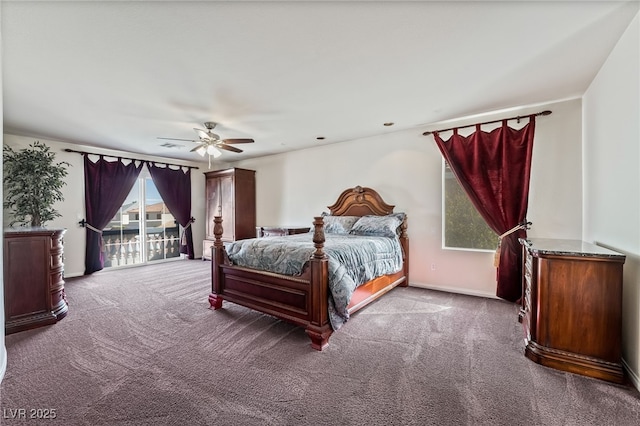 carpeted bedroom featuring a ceiling fan, baseboards, and access to outside