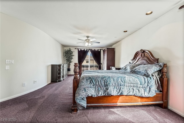 bedroom featuring a ceiling fan, baseboards, and carpet