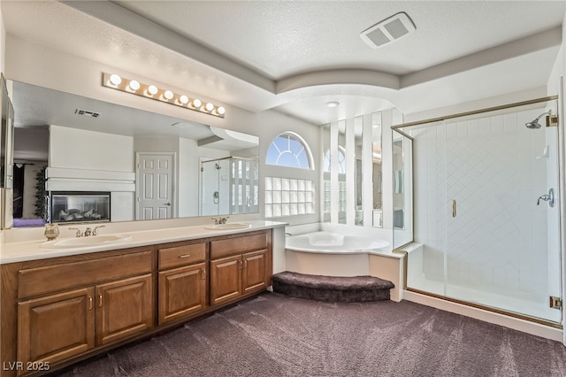 bathroom with visible vents, a sink, and a shower stall
