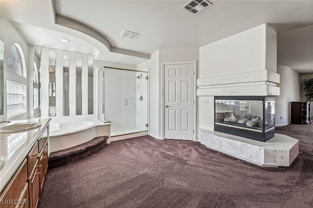 bathroom featuring a shower stall, vanity, a multi sided fireplace, and visible vents