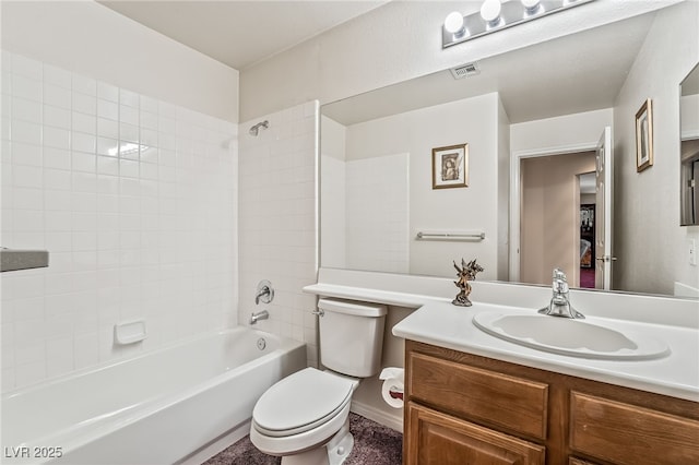 full bathroom featuring shower / bathtub combination, visible vents, toilet, and vanity