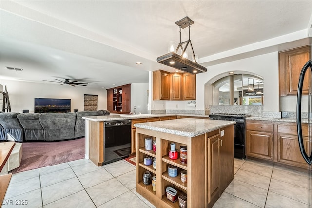 kitchen with a ceiling fan, black appliances, open floor plan, light tile patterned floors, and visible vents