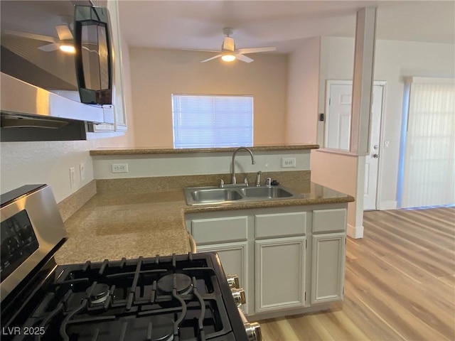 kitchen featuring stainless steel appliances, a sink, light wood finished floors, and ceiling fan