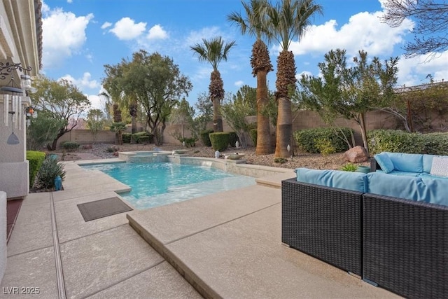 view of pool featuring a patio area, a fenced backyard, an outdoor hangout area, and a fenced in pool