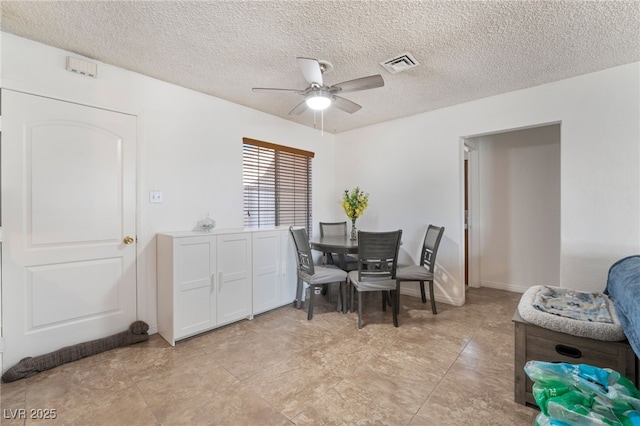 dining area with ceiling fan, visible vents, and a textured ceiling