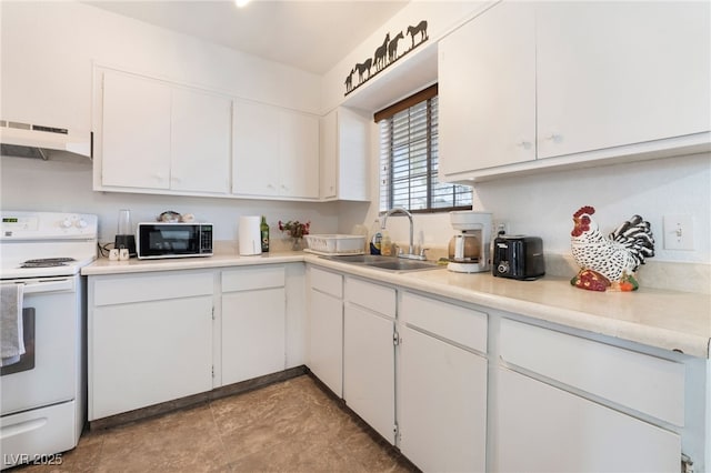 kitchen with white range with electric stovetop, white cabinets, a sink, and under cabinet range hood