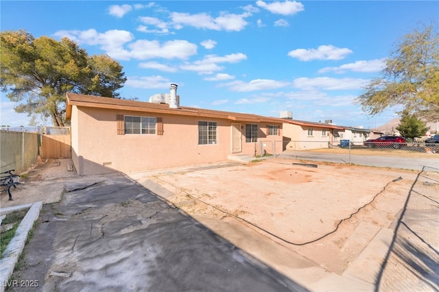 ranch-style home featuring a patio area, a fenced backyard, crawl space, and stucco siding