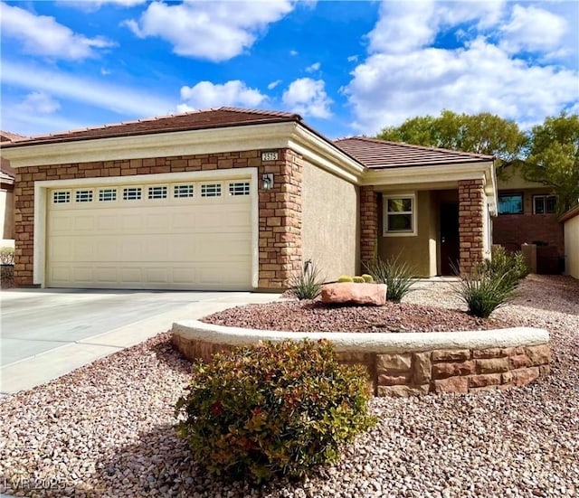 ranch-style house with stone siding, stucco siding, an attached garage, and concrete driveway