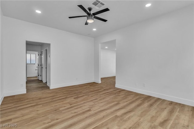 unfurnished room featuring recessed lighting, visible vents, light wood finished floors, and ceiling fan