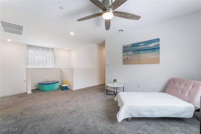 living area with carpet, visible vents, ceiling fan, and recessed lighting